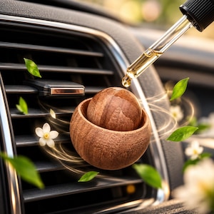 May include: A spherical wooden car air freshener diffuser with a smooth, polished finish, positioned in front of a black vehicle air vent. A glass dropper releases a single golden drop of essential oil onto the wooden surface.