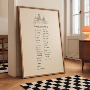 Könnte beinhalten: Ein großer gerahmter Druck mit einer schwarzen Strichzeichnung einer Burg am oberen Rand, gefolgt von dem Text Dumbledore's Army und einer Liste handschriftlicher Namen in schwarzer Tinte auf cremefarbenem Hintergrund, in einem hellen Holzrahmen.