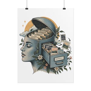 May include: A wall art print featuring a profile of a head shaped like a filing cabinet. The open top reveals folders labeled New Stories, Integration, Processing, Past, and Present. A drawer labeled Memories contains photos, surrounded by flowers.