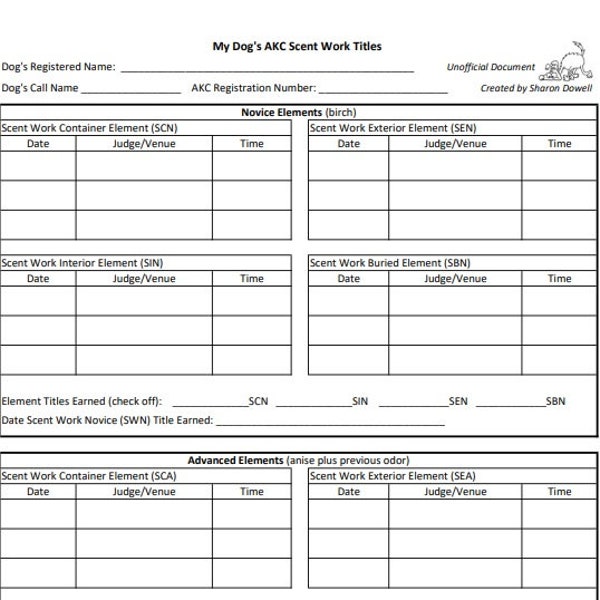 AKC Scent Work Title Tracking Sheet