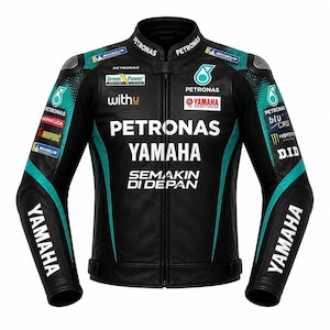 以下が含まれることがあります： ペトロナス、ヤマハ、Semakin Di Depanなどの白いスポンサーロゴとティールカラーのアクセントが特徴の黒いレザー製モーターサイクルジャケット。ハイカラー、ブランドロゴ入りの長袖、フロントジッパーを備えたデザインです。