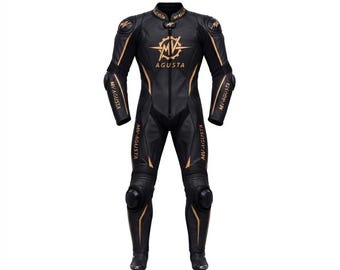 MV Agusta Motorcycle Racing Leather Suit 1Piece Biker CE Armor Golden Black Suit