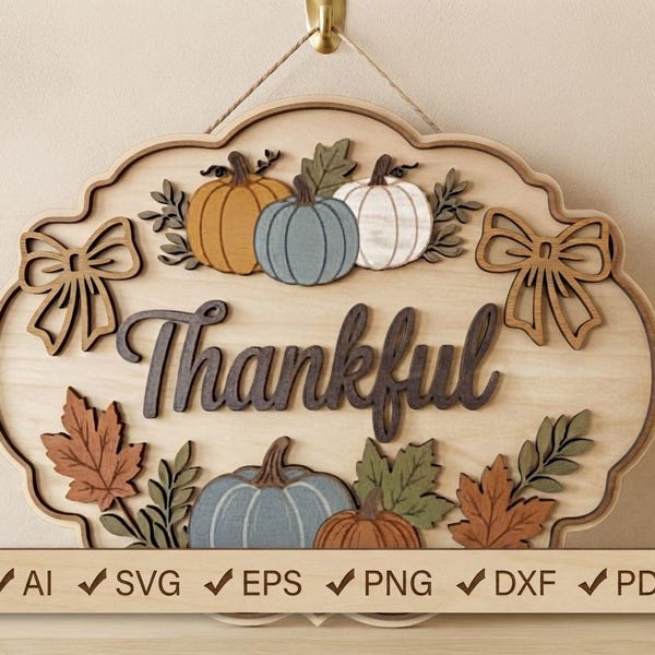 Thankful Fall Sign, Pumpkin Leaves, Bow, Hand-Drawn Style (Digital Download)