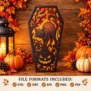 May include: A laser-cut wooden coffin-shaped wall art piece featuring a black silhouette of an arched-back cat standing atop a carved jack-o'-lantern, set against a vibrant orange background with intricate swirling vine and leaf patterns.