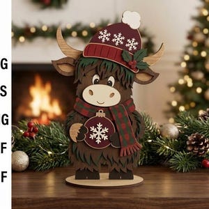 Puede incluir: Un recorte de madera en capas de una vaca Highland que lleva un gorro de invierno granate con patrones de copos de nieve blancos y una bufanda de cuadros verdes y rojos. La vaca sostiene un adorno navideño granate con un copo de nieve.