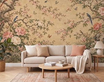 Chinoiserie Bird Mural Wallpaper, Hand-Painted Floral Wall Decor (Peel and Stick)