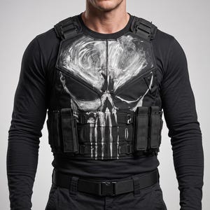 Peut inclure: Un gilet tactique noir arborant un grand motif de crâne blanc à l'aspect vieilli sur la poitrine. Le gilet comprend des poches utilitaires intégrées, des bretelles réglables et un système de sangles modulaires, porté sur un haut noir.