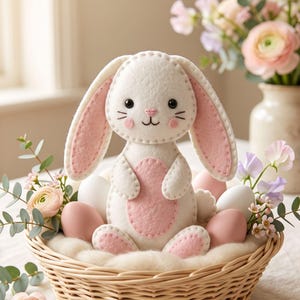 Finished white and pink felt bunny ornament with long rounded ears, pink cheeks, chest and nose, rounded feet, hands, and a small tail.