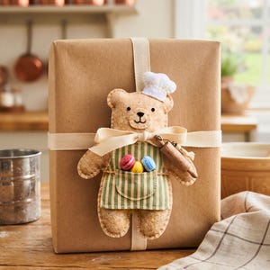 Felt bear ornament dressed as a baker with chef hat and apron