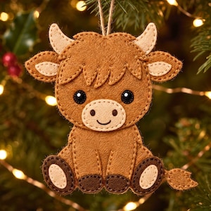 Baby Highland Cow felt ornament with fluffy hair, horns, ears and embroidered face