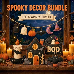 May include: A digital PDF sewing pattern for felt Halloween decorations featuring a banner of small felt figures including a cat, ghost, pumpkin, bat, moon, and witch hat, plus larger felt items like a candle, a house, and a sign reading BOO.