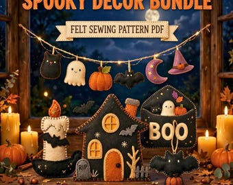 Paquete de decoración de casa encantada PDF, set de patrones de fieltro espeluznantes de Halloween con guirnalda, colección de adornos DIY