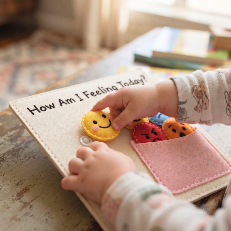 Toddler hands snapping felt happy face onto How Am I Feeling Today busy book page
