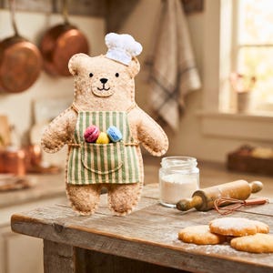 Baker Bear felt sewing pattern pieces including bear body, hat, apron and pocket