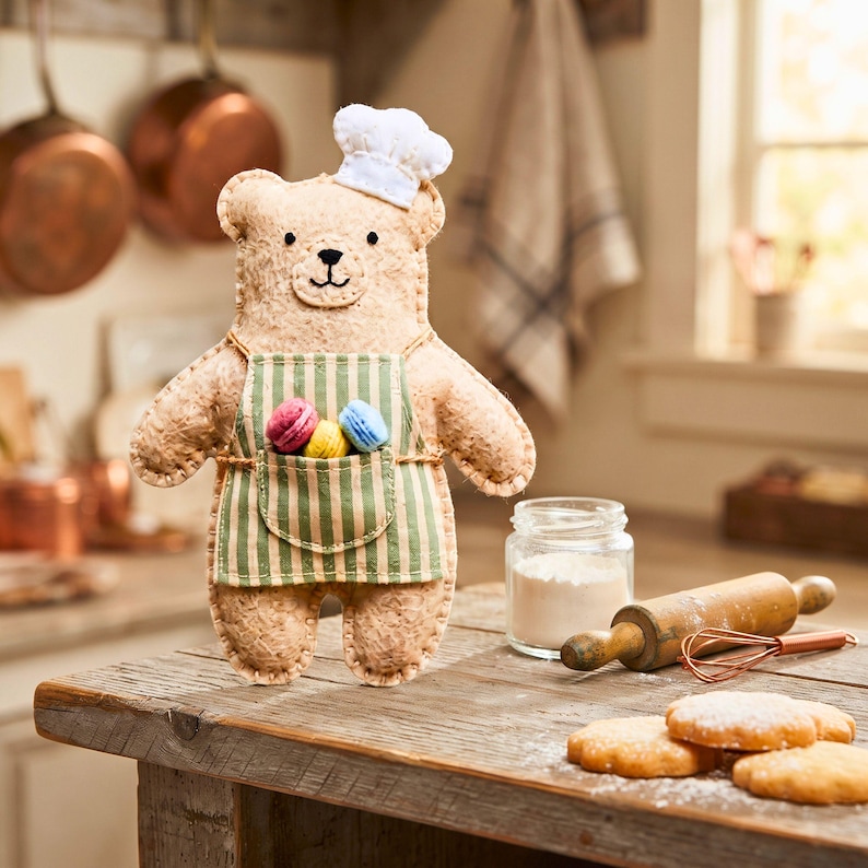 Baker Bear felt sewing pattern pieces including bear body, hat, apron and pocket