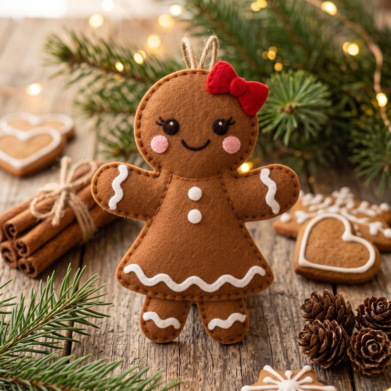 Finished brown felt gingerbread girl ornament with red bow, pink cheeks, white icing details, buttons and hanging loop.