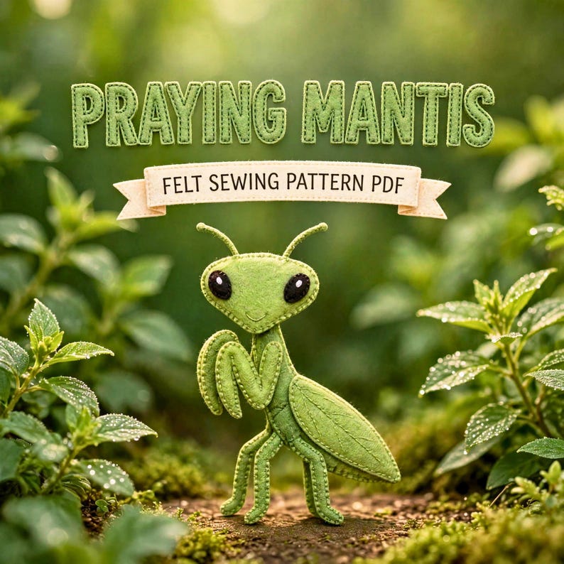 Garden Insect Decor Pattern PDF, Praying Mantis Felt Ornament, DIY Bug Sewing