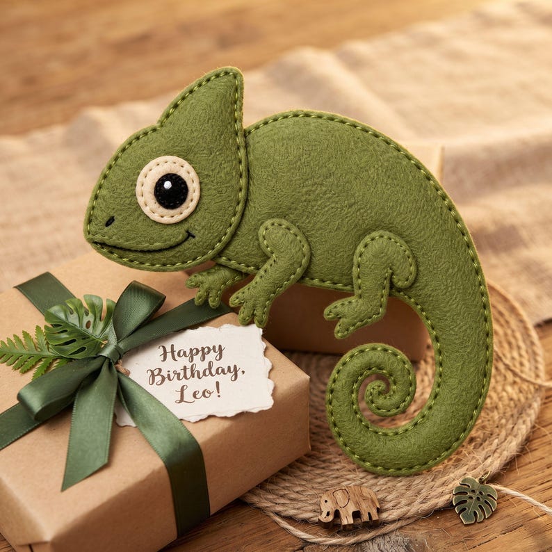 Digital chameleon sewing pattern PDF for handmade felt ornament