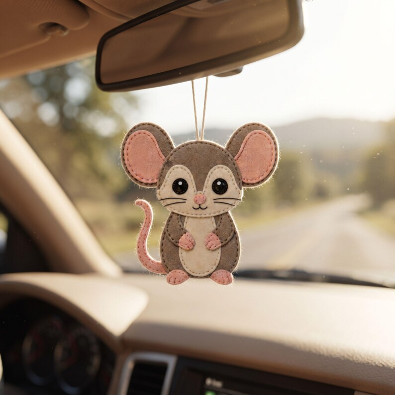 Cute Dumbo Rat felt ornament showing the grey felt body, oversized pink-lined ears, cream face patch, pink nose, small hands and feet, and curled tail.