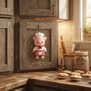 Baker Pig felt sewing pattern pieces including the head, ears, chef hat, nose, body, arms, hands, legs, apron, pocket, and neckerchief.