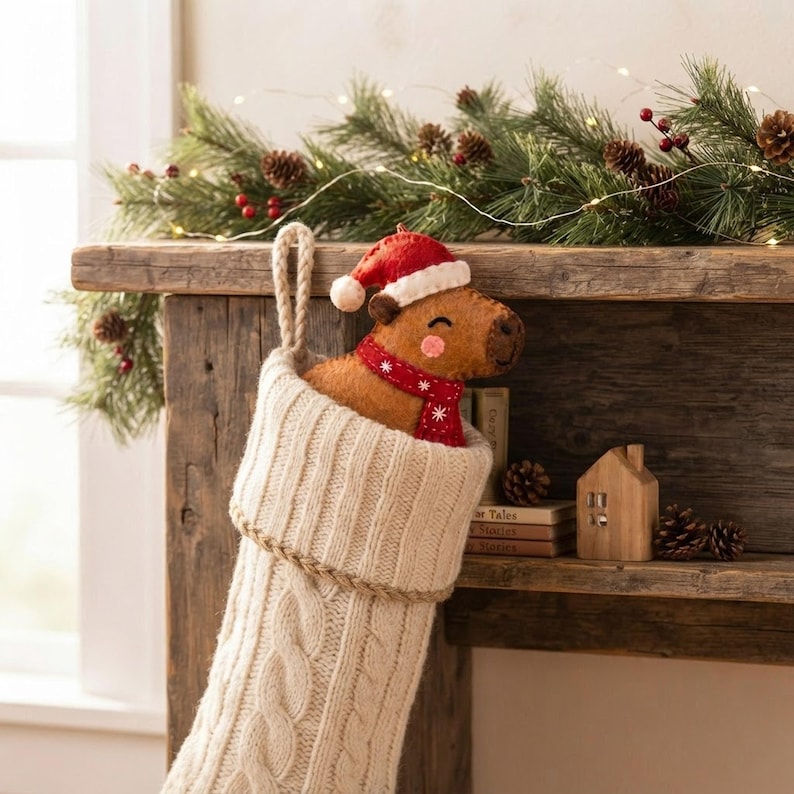 Handmade felt capybara ornament peeking out from a knitted Christmas stocking on a rustic mantel.
