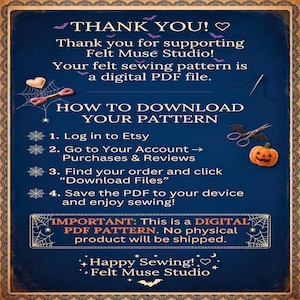 A digital instruction sheet with a dark blue background, vintage border, and white text explaining how to download the purchased PDF pattern.