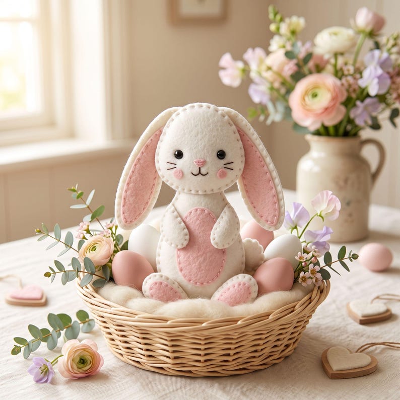 Finished white and pink felt bunny ornament with long rounded ears, pink cheeks, chest and nose, rounded feet, hands, and a small tail.