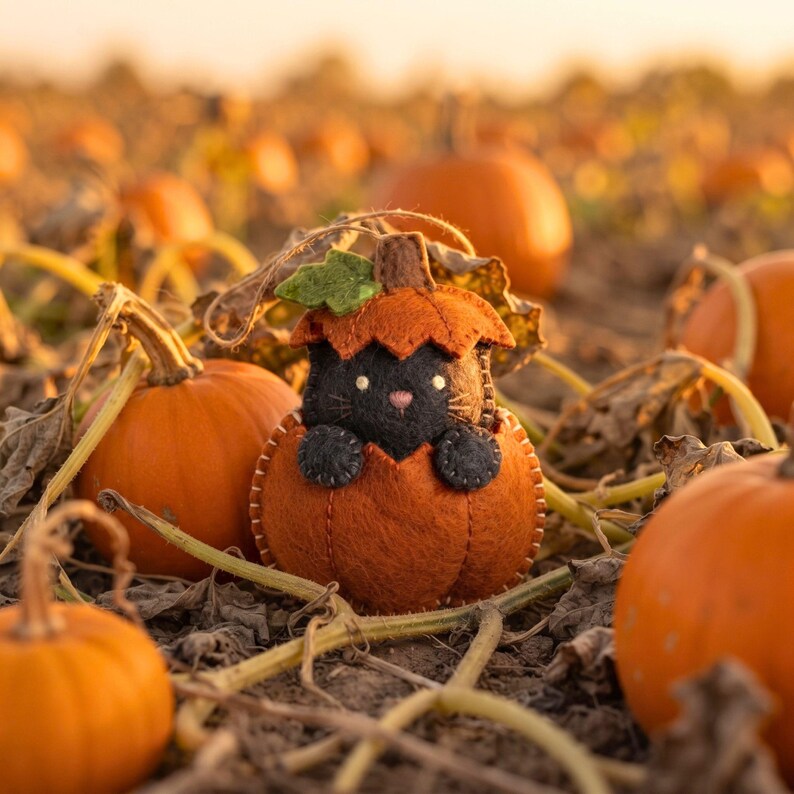 Felt black cat peeking out of an orange pumpkin ornament sitting in a pumpkin patch at golden hour