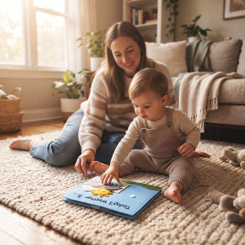 Parent and toddler playing with felt Today's Weather busy book page on playroom floor