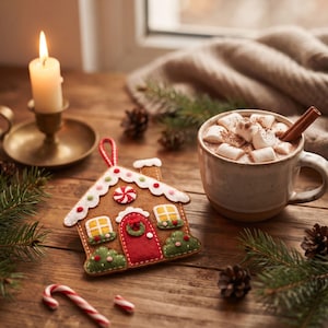 Hand holding small felt gingerbread house ornament showing size scale for Christmas tree decoration