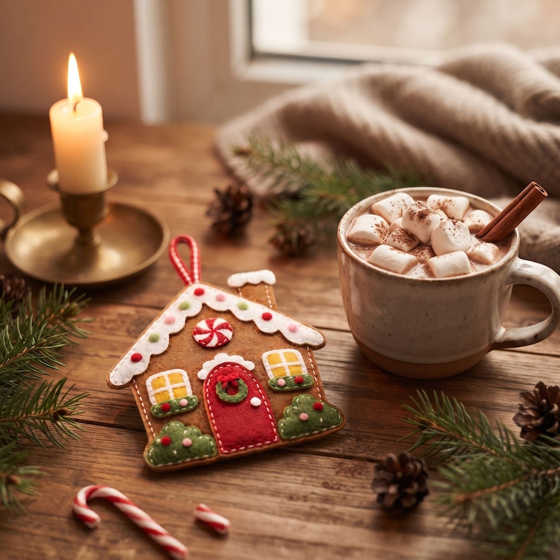 Hand holding small felt gingerbread house ornament showing size scale for Christmas tree decoration
