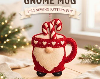 Patrón de costura en PDF para taza de gnomo de fieltro, adorno de taza de gnomo, adorno navideño de fieltro, costura a mano.