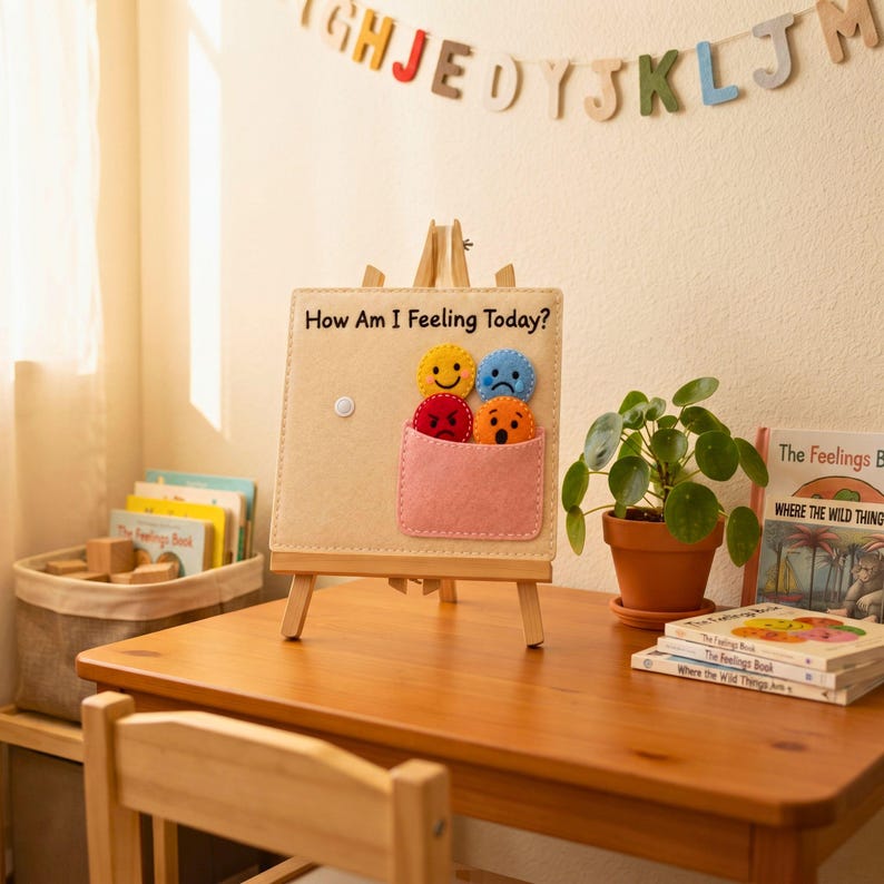 Felt How Am I Feeling Today busy book page displayed in homeschool corner for emotional learning