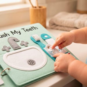 Close-up of a child's hands interacting with a handmade felt quiet book page featuring a sink and toothbrush.