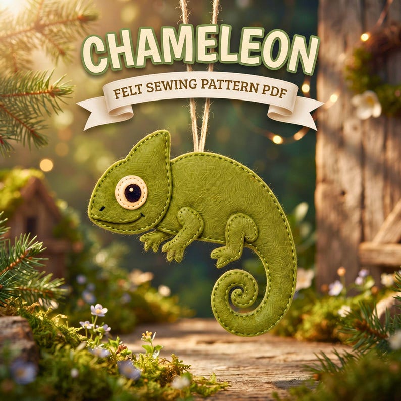Chameleon Felt Sewing Pattern PDF, Chameleon Ornament DIY, Reptile Felt Craft, Hand Sewing Pattern