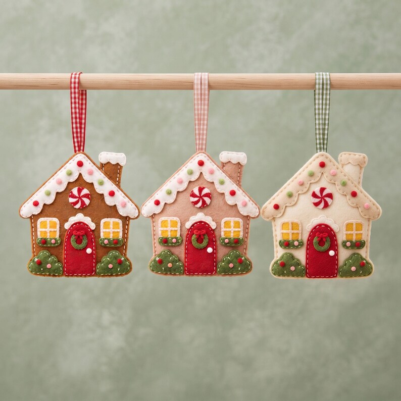 Finished brown felt gingerbread house ornament with white icing roof and chimney, red door, yellow windows, green bushes and wreath, colorful gumdrop details and hanging ribbon.