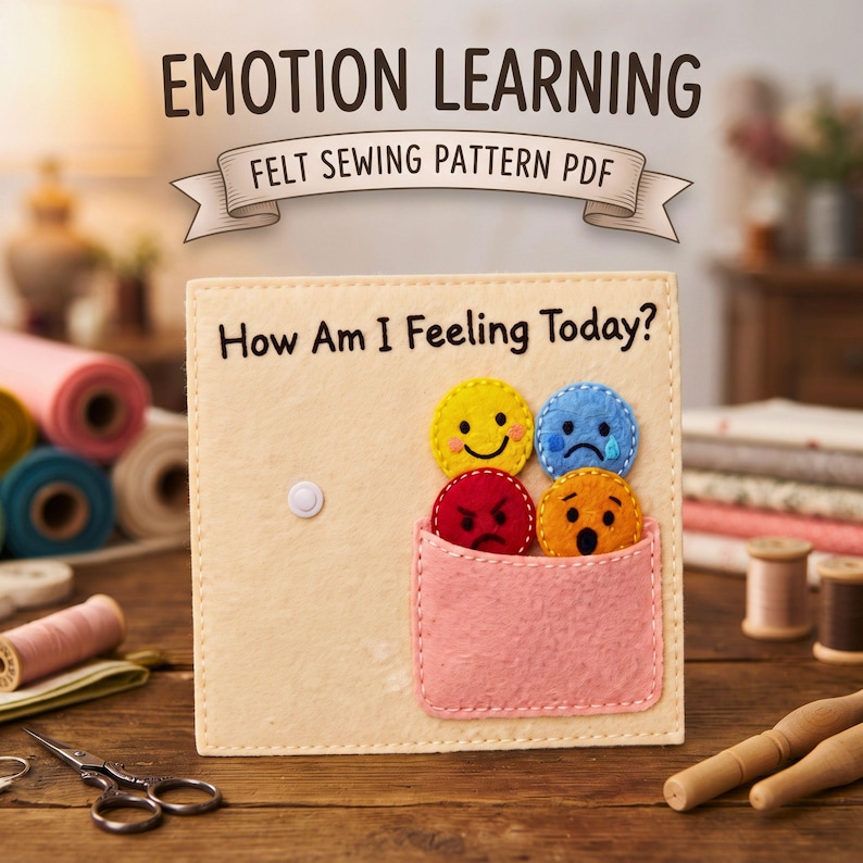Emotion Learning Felt Busy Book Page Pattern, PDF Sewing Pattern, Emotions Snap Learning Page, Montessori Toddler Activity