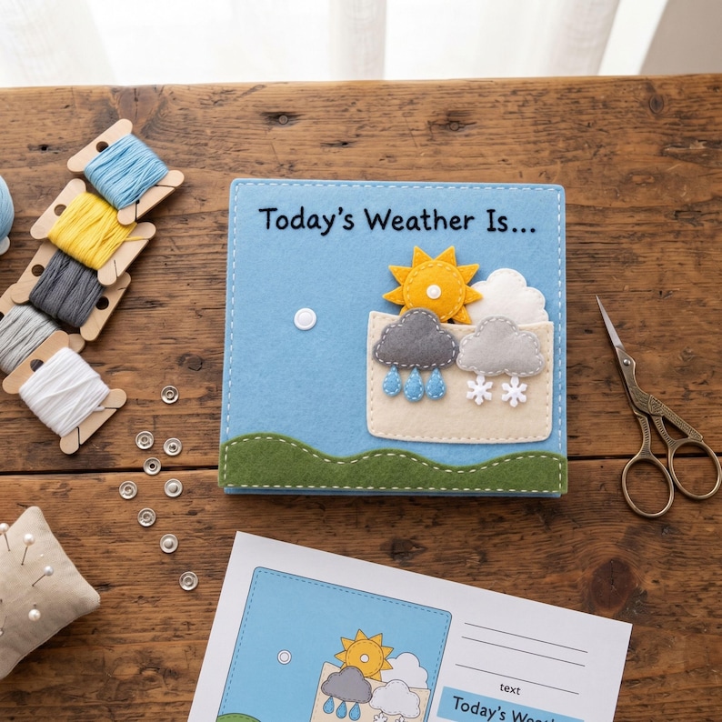Today's Weather felt busy book page PDF sewing pattern with embroidery floss and snaps
