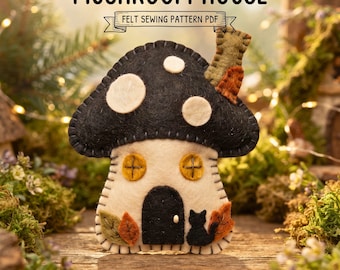 Patrón en PDF de seta de Halloween, adorno de fieltro de casita, decoración dark cottagecore