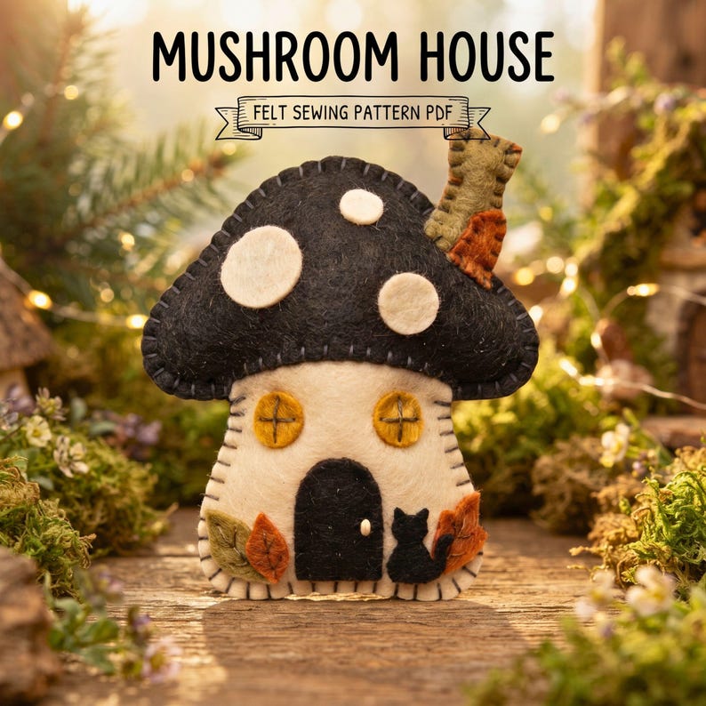 Mushroom House Sewing Pattern PDF | Felt Woodland Cottage Ornament Pattern, DIY Mushroom Cat Plush Fall Decor Tutorial