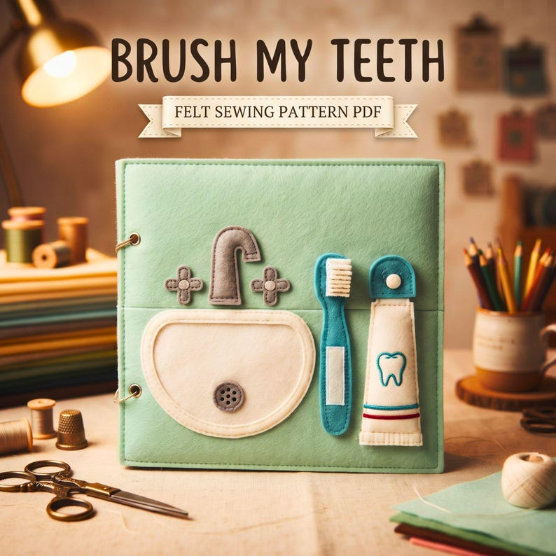 Quiet Book PDF Pattern - Brush My Teeth Busy Book Page, Montessori Felt Toddler Hygiene Toy Template, Printable Sewing Guide
