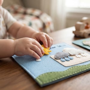 Toddler hands snapping felt sun icon onto Today's Weather busy book page for learning