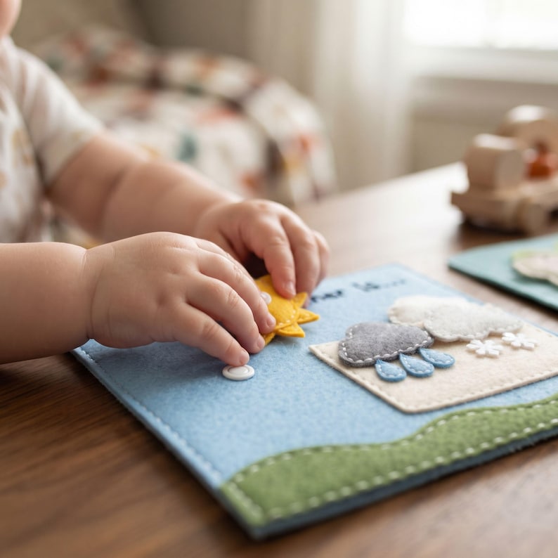 Toddler hands snapping felt sun icon onto Today's Weather busy book page for learning