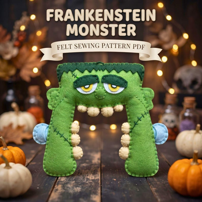 Frankenstein Monster Sewing Pattern PDF  Felt Halloween Ornament Pattern, DIY Spooky Sewing Tutorial