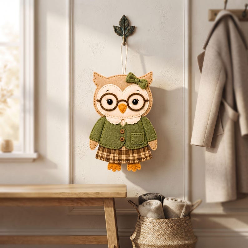 Finished librarian owl felt ornament in a cozy decorative setting, showing the tan owl body, cream face, dark glasses, green clothing, and plaid skirt.
