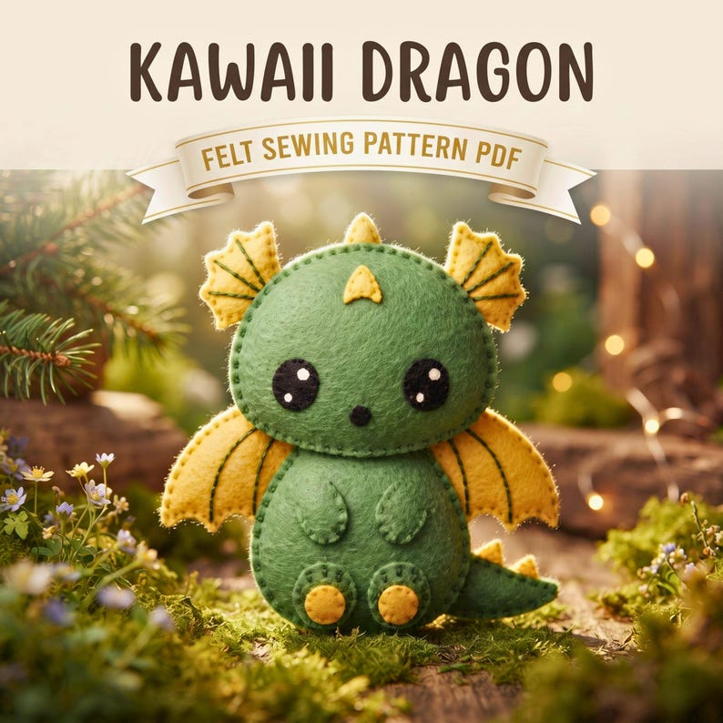 Dragon Felt Ornament Pattern PDF, Kawaii Dragon Sewing Pattern, Felt Christmas Ornament, DIY Hand Sewing