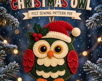 Patrón en PDF de búho, adorno navideño de fieltro con forma de pájaro, decoración de gorro de Papá Noel