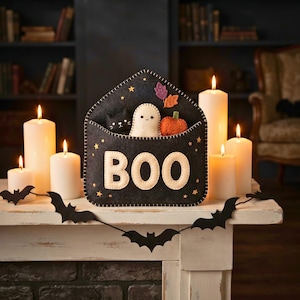 Halloween Envelope Felt Sewing Pattern, BOO Ornament PDF, Ghost Cat Pumpkin, Hand Sewing Pattern, Halloween Decor