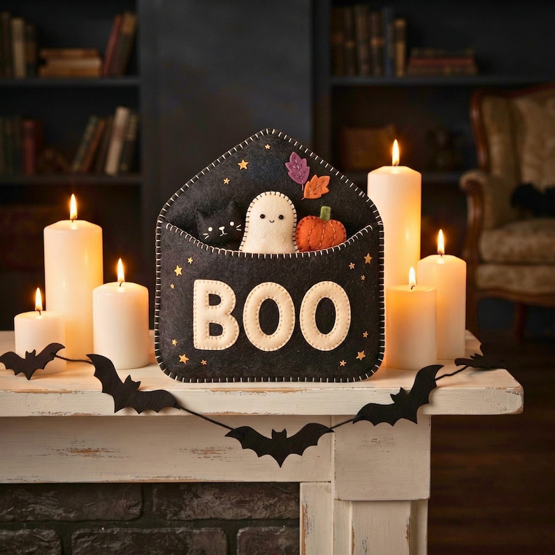 Halloween Envelope Felt Sewing Pattern, BOO Ornament PDF, Ghost Cat Pumpkin, Hand Sewing Pattern, Halloween Decor