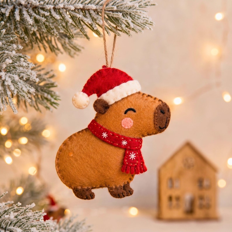 Handmade felt Christmas capybara ornament hanging from a frosted pine branch with warm holiday fairy lights.
